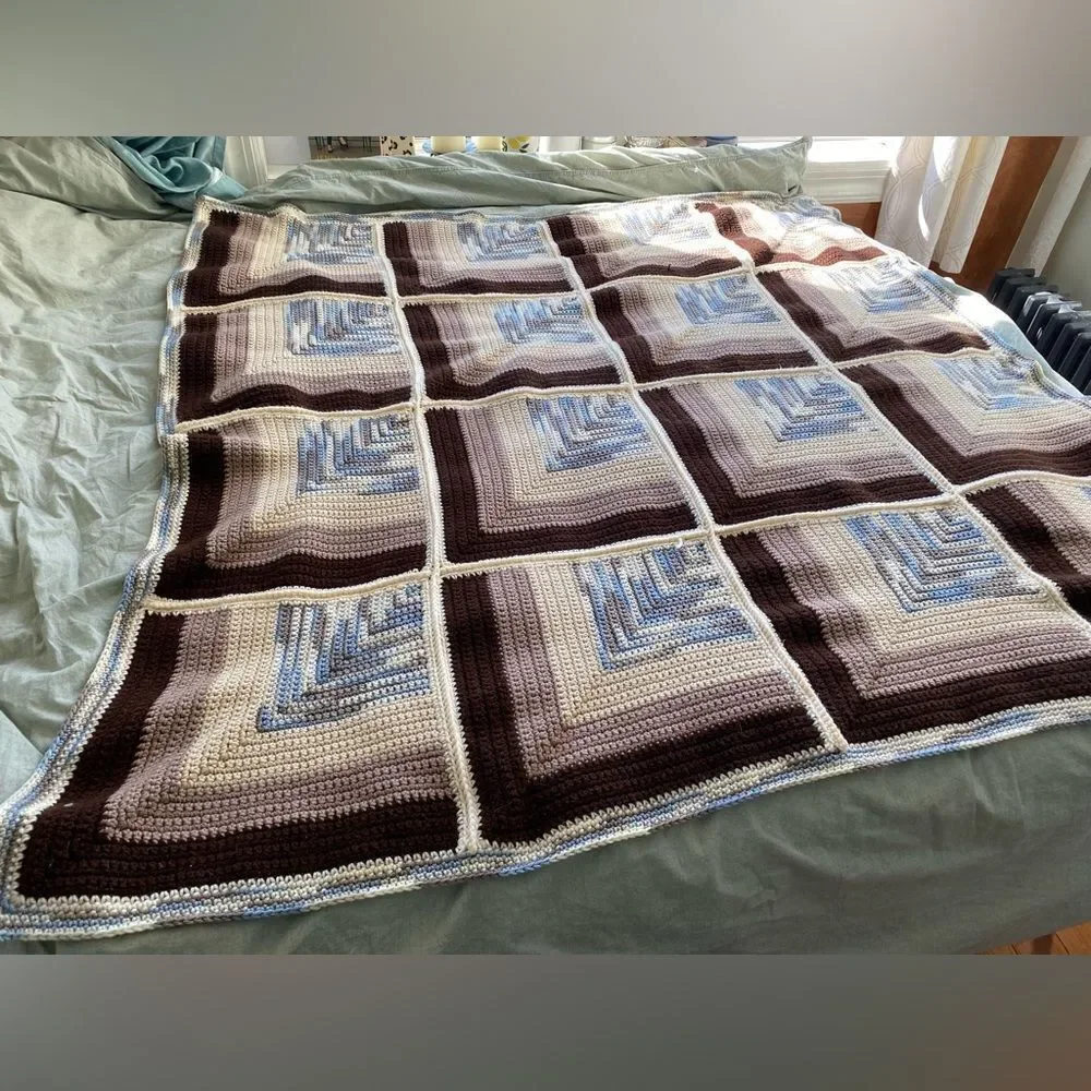 Vintage 1970s Knitted Geometric Bed Throw Blanket